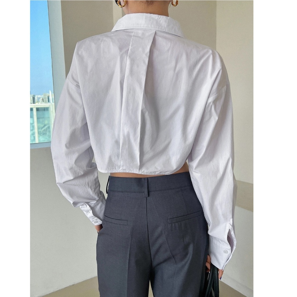 Cotton White Crop Button Up Down Was it Ties Long Sleeve Collared Shirt - Picture 5 of 10